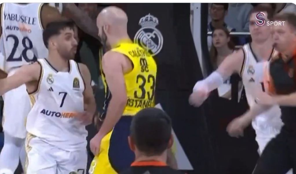 OPET FRKA U MADRIDU Umalo tuča na meču Real – Fenerbahče! Bivši igrač Zvezde završio na parketu (VIDEO)